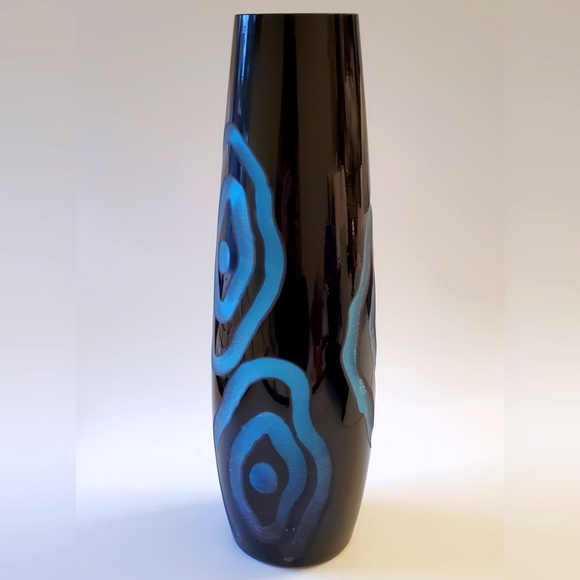 Dramatic Modern Cut To Vibrant Blue 11 1/2" Black Thick Crystal Vase Gorgeous 😍 - Picture 2 of 15